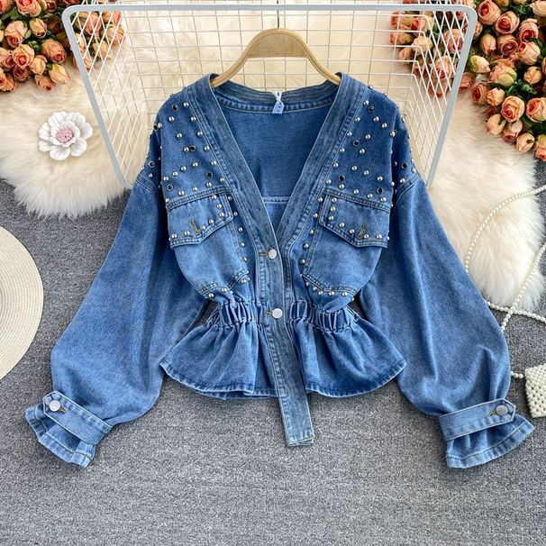 Denim Jacket Women's Autumn New Product Korean Loose Bf Fashion Versatile Studded V-Neck Short Waistband Top_ecoleips.com