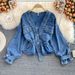 Denim Jacket Women's Autumn New Product Korean Loose Bf Fashion Versatile Studded V-Neck Short Waistband Top_ecoleips.com