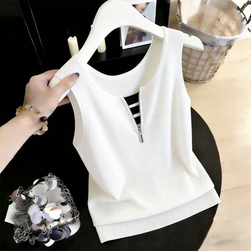 Women's Clothing Summer Knitted Camisole Faux Two Piece Zipper Sleeveless Vest Top Real Photos_ecoleips.com