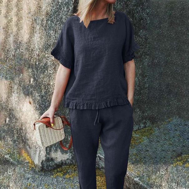 Women's Clothing Plus Size Solid Color Retro Pants Suit Cotton And Linen Casual Long Sleeved Loose Cotton Suit_ecoleips.com