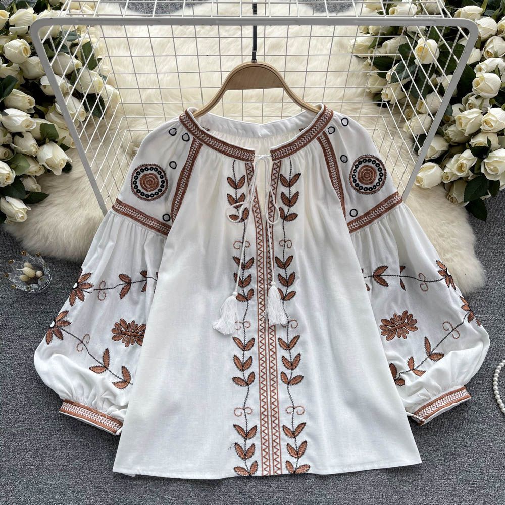 Women's Heavy Duty Ethnic Embroidered Shirt Long Sleeves Loose Fit Tie Waist round Neck Puff Sleeves Tassels_ecoleips.com