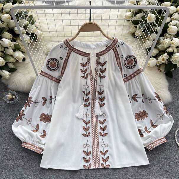 Women's Heavy Duty Ethnic Embroidered Shirt Long Sleeves Loose Fit Tie Waist round Neck Puff Sleeves Tassels_ecoleips.com