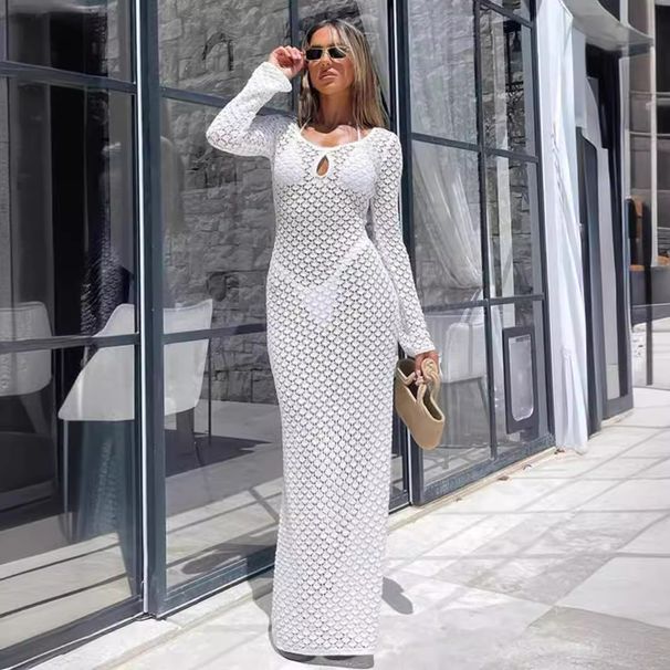 Women's Clothing Sun Protection Dress Sexy Perspective Hollow Knitted Seaside Holiday Beach Long Dress_ecoleips.com