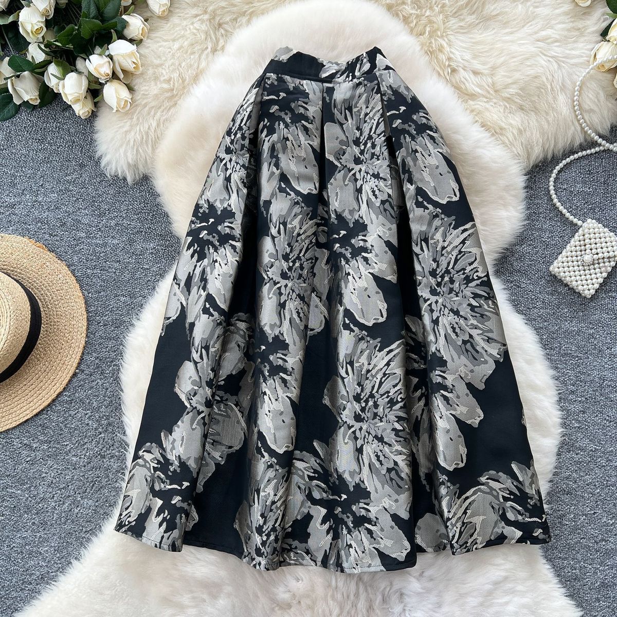 Women's Clothing Palace Retro Heavy Jacquard Skirt Winter High Waist Slim Puffy Pleated Mid-length Umbrella Skirt_ecoleips.com
