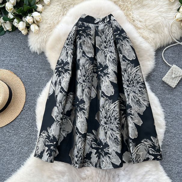 Women's Clothing Palace Retro Heavy Jacquard Skirt Winter High Waist Slim Puffy Pleated Mid-length Umbrella Skirt_ecoleips.com