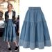 Plus Size Denim Midi Skirt – Stretch Waist & Patchwork Design (S-L, Light & Dark Blue) Breathable Denim_ecoleips.com