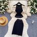 Women's Rhinestone Halter Neck Vest And Bodycon Skirt Two Piece Set Slim Fit Summer Sexy Temperament Cross Border Knit Suit_ecoleips.com