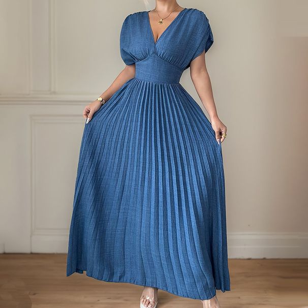 Women's Pleated Dress Solid Color Short Sleeve Long Skirt For Everyday Wear And Commuting Spring New Style Easy To Match_ecoleips.com