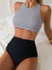 Aria Basics New European And American Style Women's Two-piece High-end, Tummy-concealing Striped Swimsuit, Conservative High-waisted_ecoleips.com