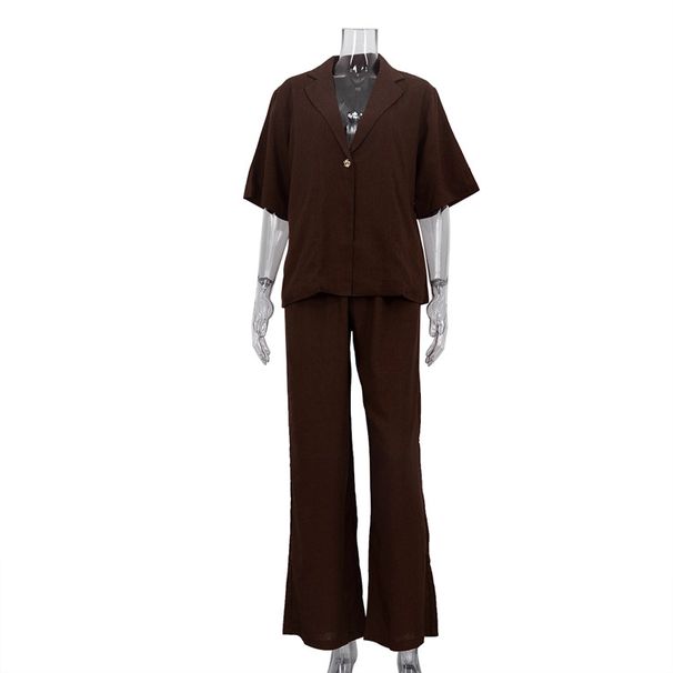 K New Commuter Set Women's Flip Collar Five Sleeve Cardigan Top Loose Wide Leg Pants Two Piece Set_ecoleips.com