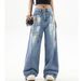 Women's Graffiti Print Denim Jeans – High Street Style, Loose Fit Straight Leg With Slight Flare_ecoleips.com