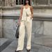 Women's Clothing Spring And Summer Design Casual Lace Up V Neck Top High Waist Elastic Band Trousers Set_ecoleips.com