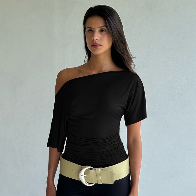 European And American Ins-style Women's Summer New Fashion Streetwear Solid Color Off-shoulder Short-sleeve Ruched Waist_ecoleips.com