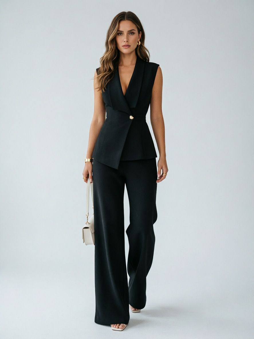 Women's Spring Summer Fashion Lapel Vest And Trousers Two Piece Set Commuting Outfit Regular Size for Cross Border Trade_ecoleips.com