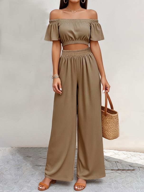 Elegant Off-Shoulder Top With High-Waisted Wide-Leg Pants Set For Women, Summer Casual Chic Two-Piece Outfit_ecoleips.com