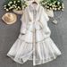 French Court Style Retro Lace Edge Lapel Lantern Sleeve Dress Women's Summer Single Breasted Waist Slim Long Skirt_ecoleips.com