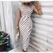 Cross-Border Elegant Waist Tie Striped Round Neck Short Sleeve Long Summer Women's High-End Dress_ecoleips.com