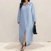 Women's Striped Lapel Long Shirt Dress Open Front Slit Autumn_ecoleips.com