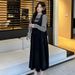 Real Shot Maternity Autumn Winter Black Textured Strap French Court Style Elegant Slimming Tank Dress_ecoleips.com