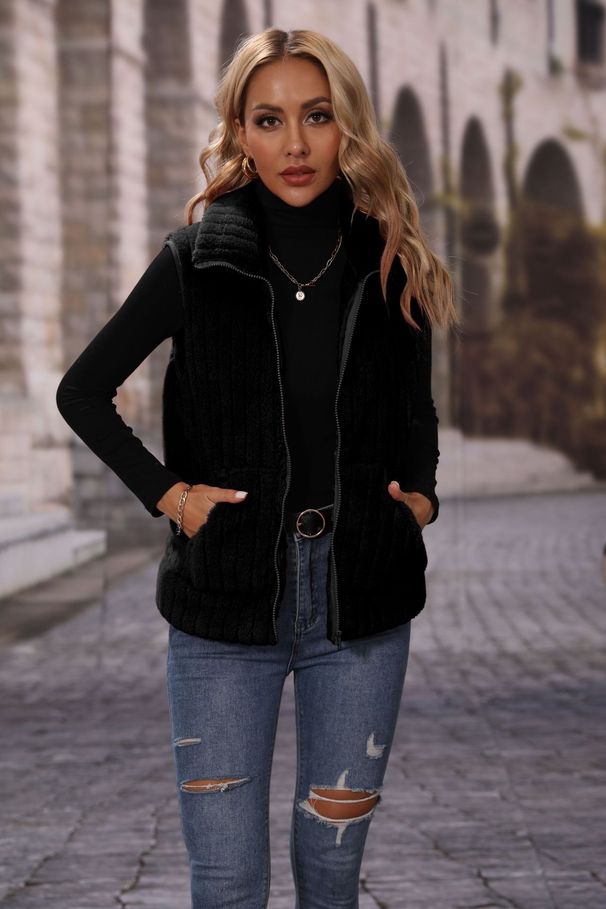 Women's lapel sleeveless loose striped zipper plush casual vest jacket_ecoleips.com