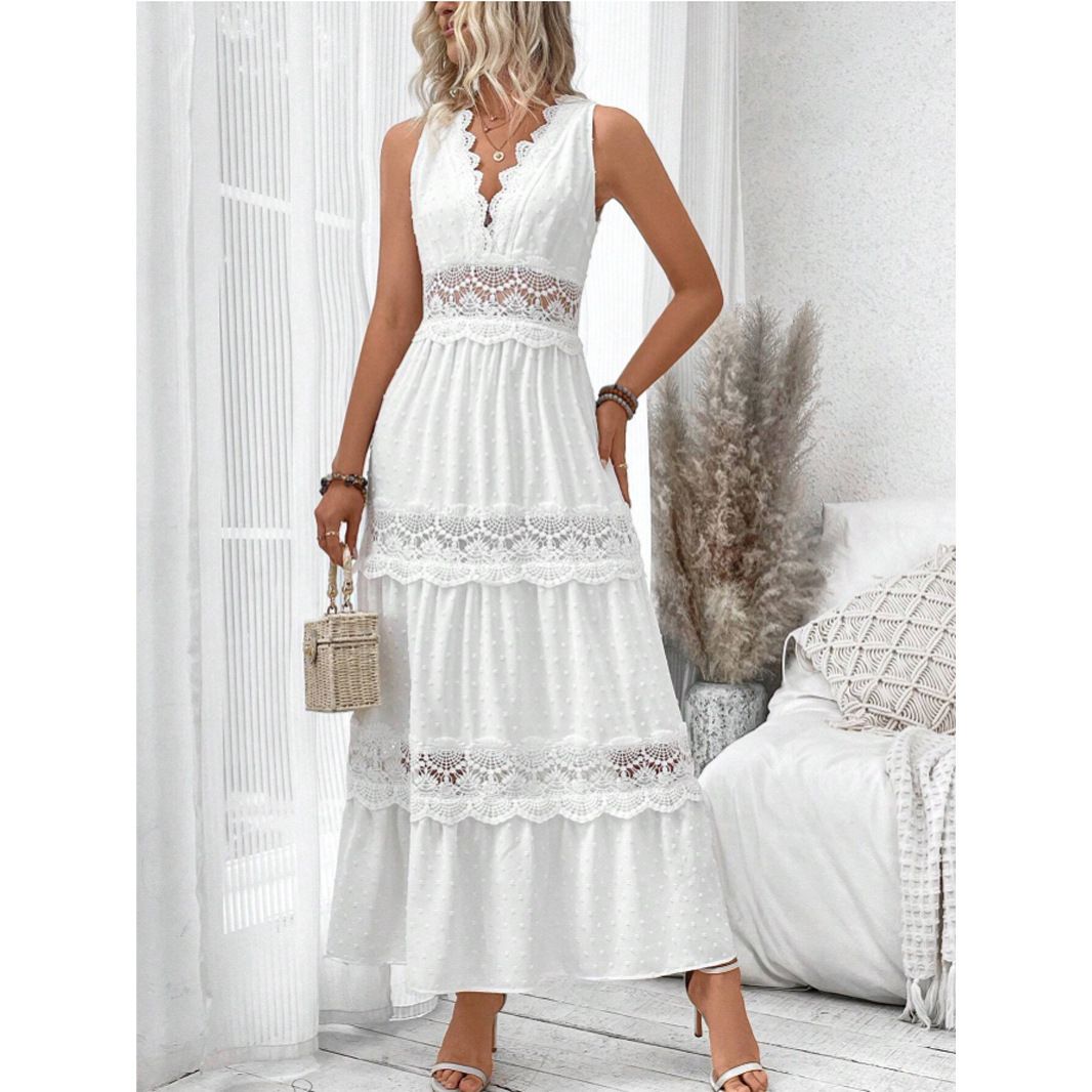 VCAY Women's Lace Splicing V Neck Sleeveless Dress Summer New_ecoleips.com