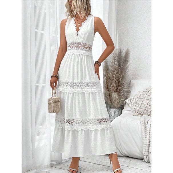 VCAY Women's Lace Splicing V Neck Sleeveless Dress Summer New_ecoleips.com