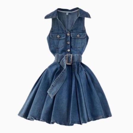Denim Skirt Design Halter Neck Waist Short Small A Line Puffy Pleated Dress_ecoleips.com