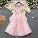 Women's French Style Sleeveless A-Line Dress Pink round Neck High Waisted Slimming Elegant Full Skirt Summer Style_ecoleips.com