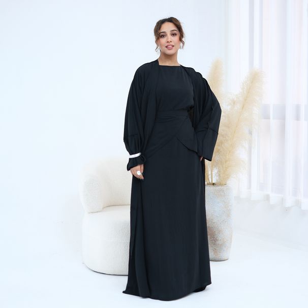 Women's Clothing Modest Abaya Dress Modest V-Neck Abaya Set – Elegant Long-Sleeve Two-Piece Dress (Flowy Polyester, Office & Travel Ready)_ecoleips.com