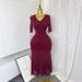 Elegant French Style Stretch Mesh Pleated V Neck Slim Fit Long Dress for Women High Waisted Summer Dress Flattering_ecoleips.com