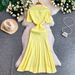 Elegant Pearl Button Detail Knitted Long Dress for Women Gentle Fit Slim Fit Pleated New Style 2026_ecoleips.com