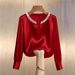 2026 Independent Site Spring/Summer French Style High-End Pearl Satin V-Neck Shirt Top For Women_ecoleips.com