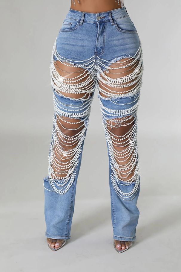 Aria Basics INS European American Cross-Border 2025 Women's Distressed Jeans Chain And Bead Decorations, Straight-Leg Pants_ecoleips.com