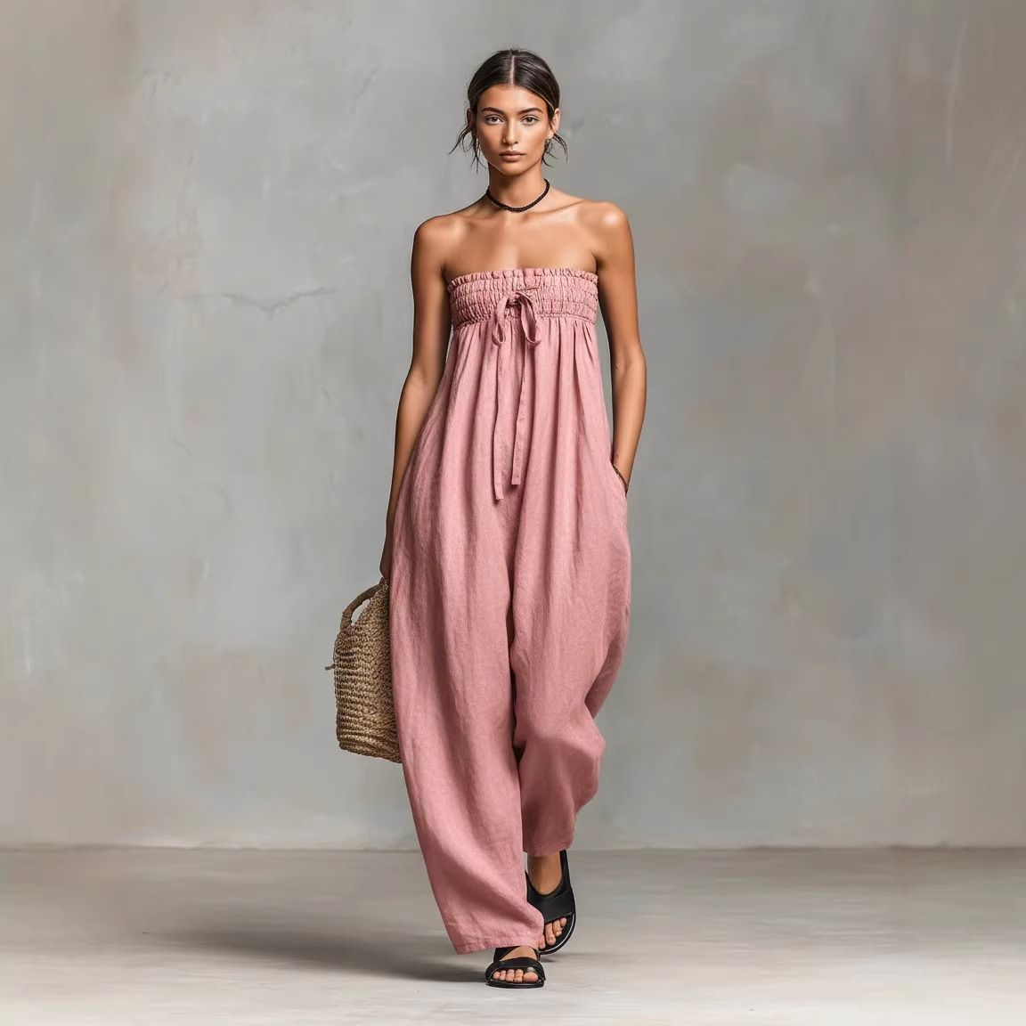 Spring/Summer Women's Strapless Bandeau Jumpsuit American Style Cotton Linen Blend Simple Clothing Trousers_ecoleips.com