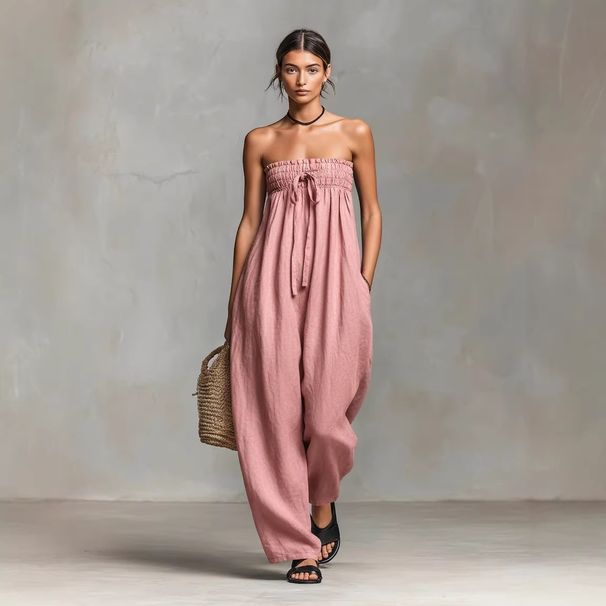 Spring/Summer Women's Strapless Bandeau Jumpsuit American Style Cotton Linen Blend Simple Clothing Trousers_ecoleips.com