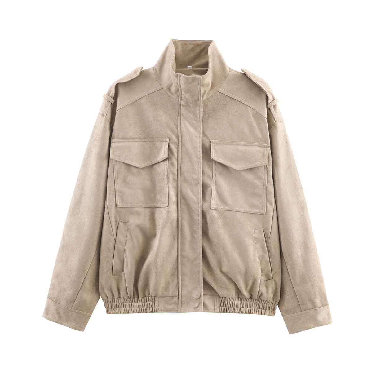 Trendy Faux Suede Jacket With Pockets - Autumn Casual Zip-Up, Stand Collar, Lightweight & Wrinkle-Free (XS/S/M/L, Khaki)_ecoleips.com