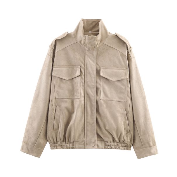 Trendy Faux Suede Jacket With Pockets - Autumn Casual Zip-Up, Stand Collar, Lightweight & Wrinkle-Free (XS/S/M/L, Khaki)_ecoleips.com