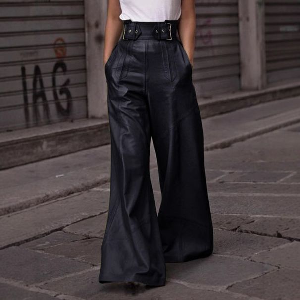 Women's High-Waisted PU Leather Pants Loose Fit Slim Leg Casual Flared Trousers With Pockets For Spring/Autumn_ecoleips.com