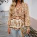 Diyun European And American 2025 Autumn Winter Bohemian Vacation Style Rayon Printed Tie Long Sleeve Top_ecoleips.com