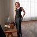 European And American Style Slim-fit Solid Color Elegant Fashion Sexy Foreign Trade Slit Satin Dress With Waist Cinching_ecoleips.com
