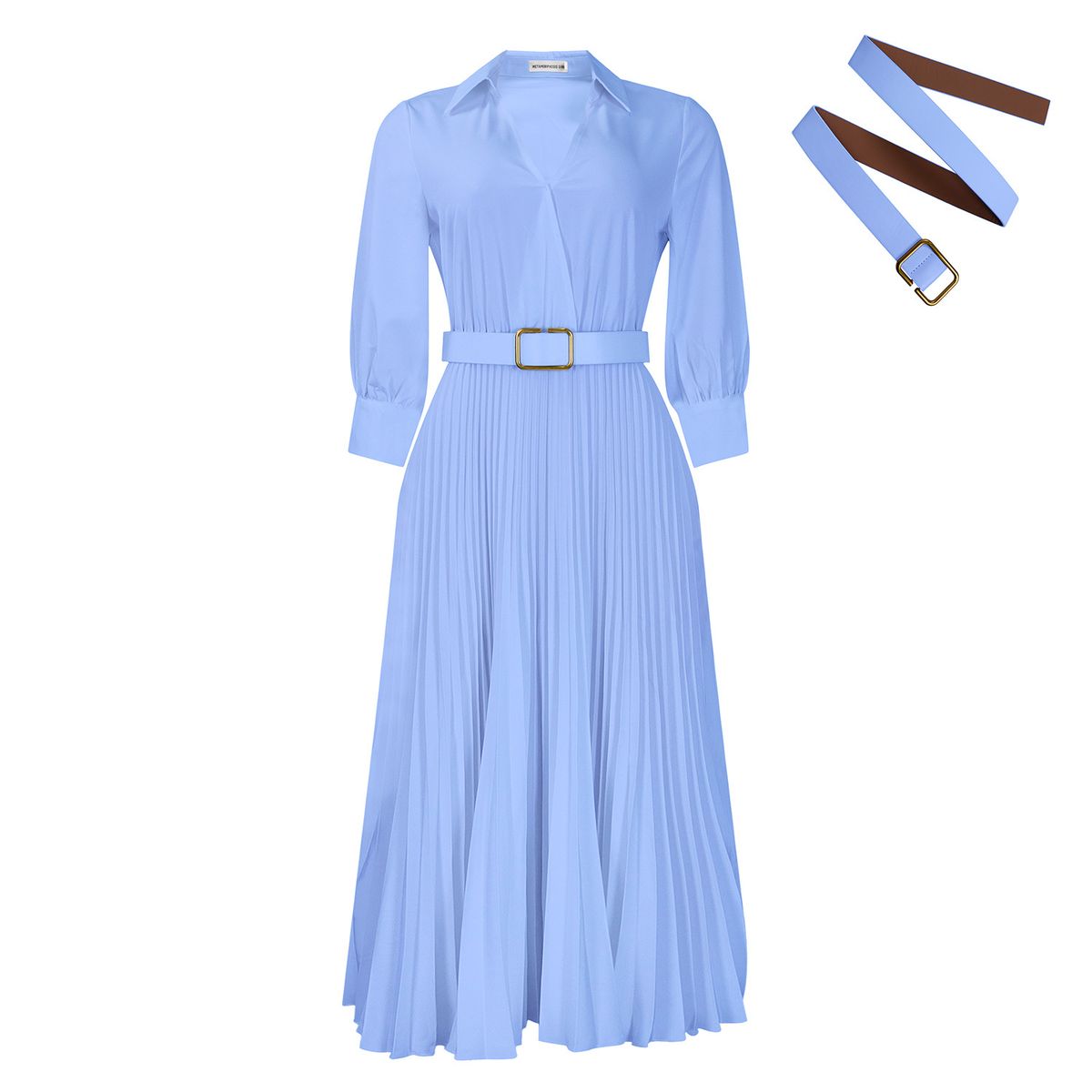 Elegant V-Neck Pleated Midi Dress With Detachable Belt – Women’s Stretchy A-Line Dress (Breathable Polyester-Spandex, Dusty Blue/Deep Green, S-XXXL)_ecoleips.com