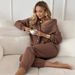 Women's Chocolate Brown Hooded Sweatshirt & Sweatpants Set – Single-Breasted Button Lace Long Sleeve Two-Piece Outfit (S-XXL)_ecoleips.com