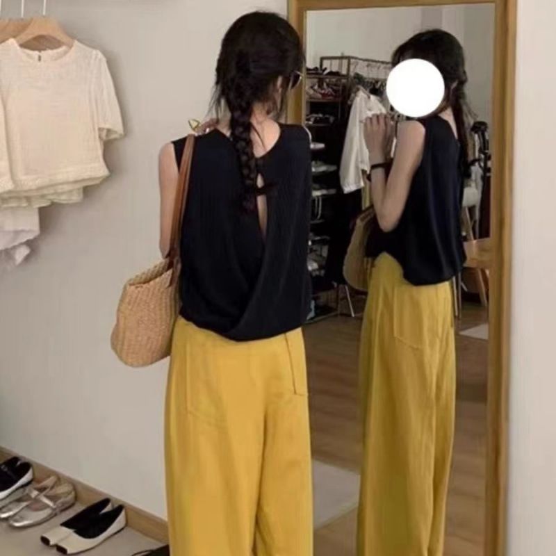 ZOEVA Ice Silk Apricot Color Cross Knit Sweater Women's Summer Camisole Women's Design Sense Open-back Foreign Style Slimming Sleeveless Top_ecoleips.com