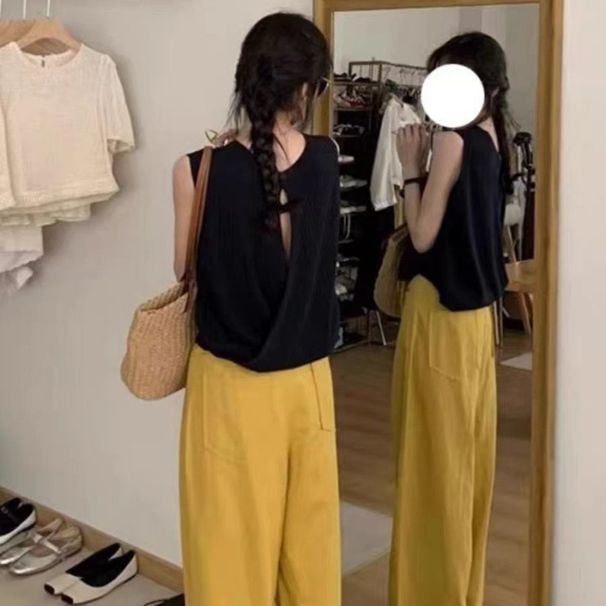 Ice Silk Apricot Cross Knitted For Women Summer Camisole Vest With Design Sense Backless Stylish Slimming Sleeveless Top_ecoleips.com