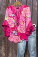Aria Basics Aria Basics New European And American Cross-border Creative Denim Floral Print Casual Trendy V-neck Lotus Sleeve Women's T-shirt_ecoleips.com