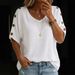 Women's Casual Loose T-Shirt U-Neck Cotton Linen Button Top American Style New_ecoleips.com