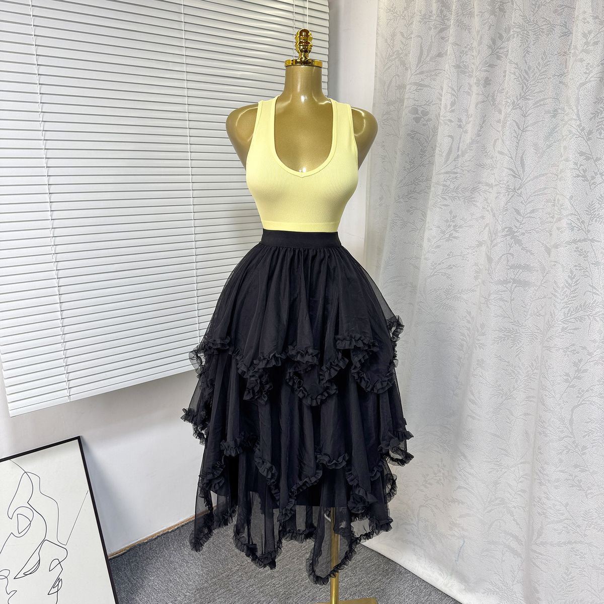 Women's High Waist Mesh Ruffle Cake Skirt – Elastic Waist A-Line Midi Skirt, Flowy & Feminine For Casual & Dressy Occasions_ecoleips.com