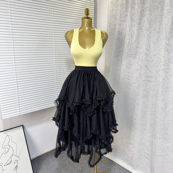Women's High Waist Mesh Ruffle Cake Skirt – Elastic Waist A-Line Midi Skirt, Flowy & Feminine For Casual & Dressy Occasions_ecoleips.com