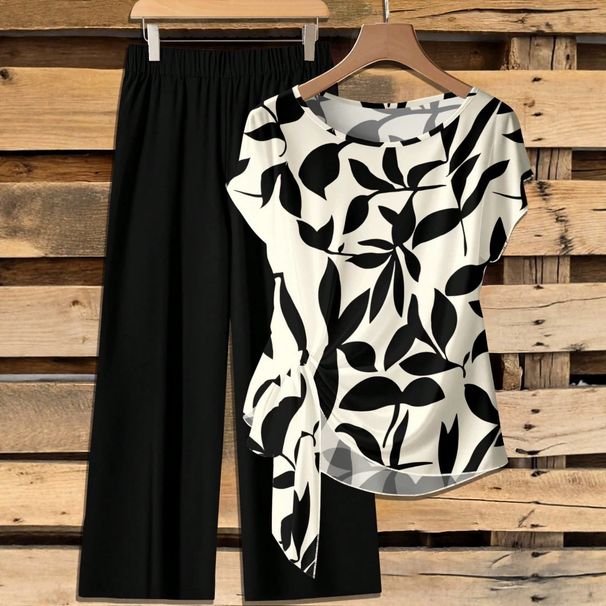 Women's Round Neck Printed Short Sleeve Knot Top And Wide Leg Trousers Set Cross Border Compatible_ecoleips.com