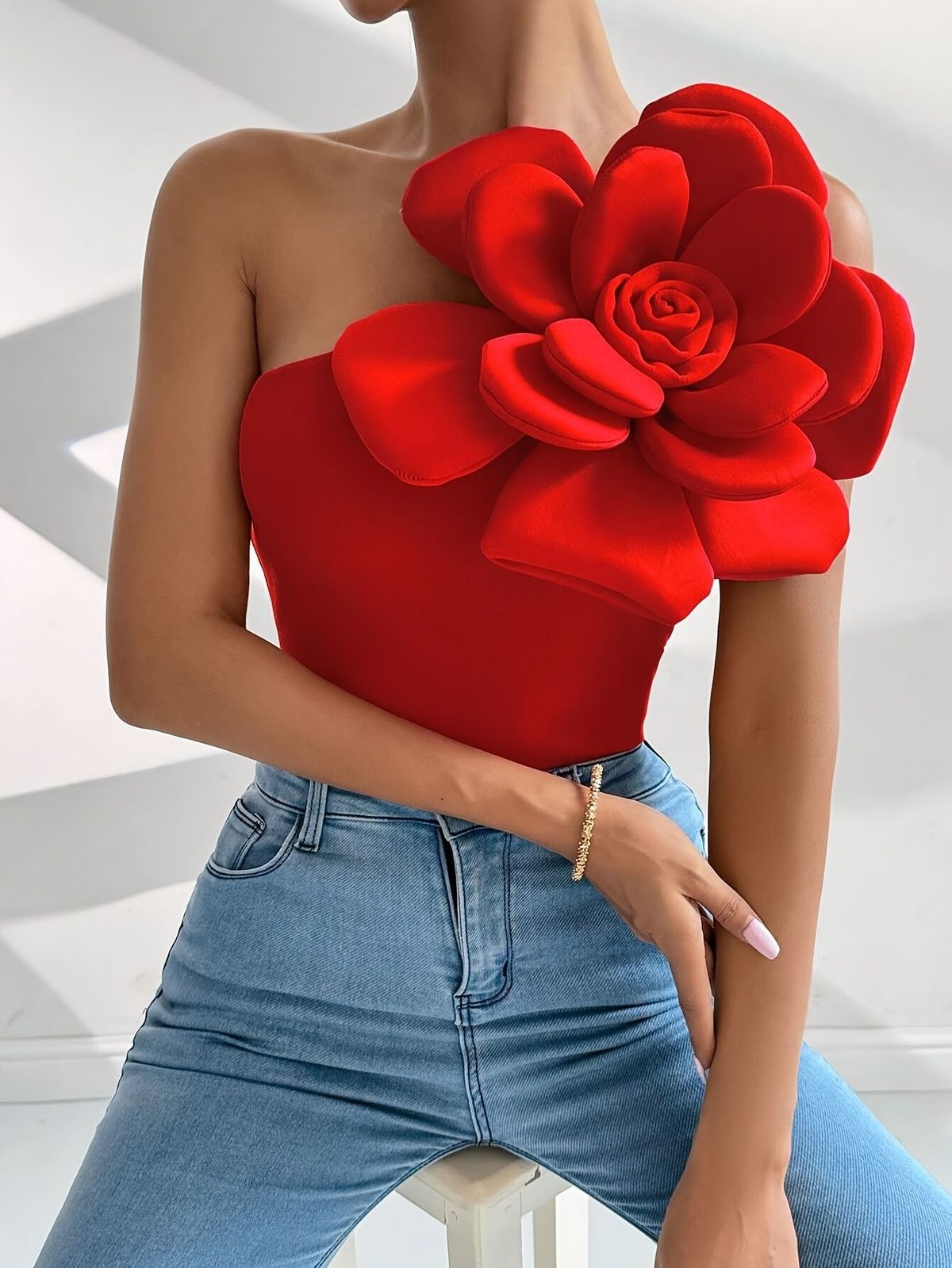 Women's Clothing Sleeveless 3D Three Large Flower Slim Vest_ecoleips.com